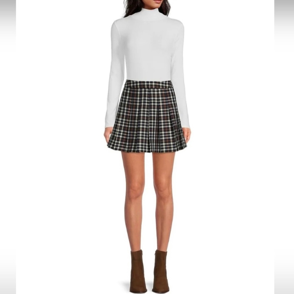 Gianni Bini Kensley High Rise Pleated Navy, Brown & Cream Plaid A-Line Skirt